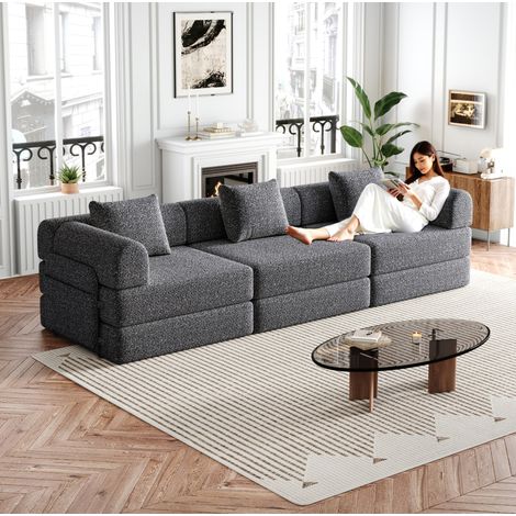 Canapé fauteuil lit convertible compact chenille gris OKMYHOME (1/5)