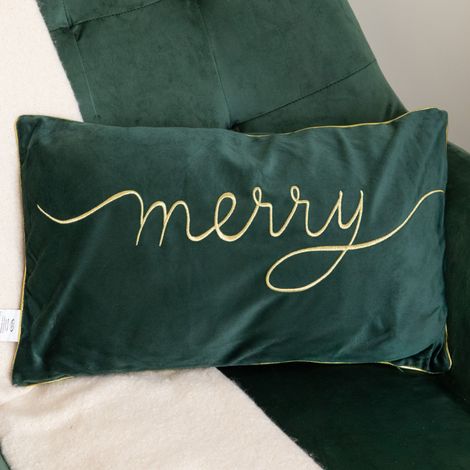 49cm Dark Green Christmas Decorative Merry Cushion with Gold Detail (1/5)