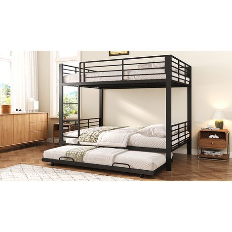 Lot en métal robuste 140x200 cm avec lit escamotable, lit superposé avec barrière de sécurité et échelle pour enfants et ados, noir (1/5)