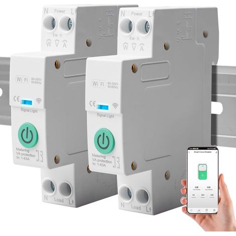 Lot de 2 disjoncteurs intelligents WiFi : 1P Rail DIN Commutateur à télécommande sans fil compatible avec et APP (avec mesure 1 63 A)
