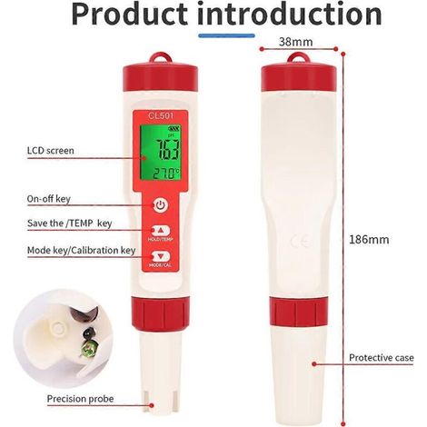 Stylo testeur de chlore 5 en 1 pour la qualité de l'eau -- (1/5)