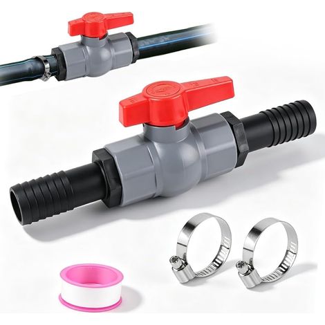 Robinet à boisseau sphérique avec connecteur de tuyau, robinet sphérique en PVC 32 mm, valve d'arrêt de piscine, avec filetage intérieur de 32 mm et buses de tuyau de 25 mm, connecteur de tuyau de (1/5)