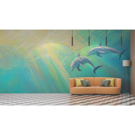 Papier peint animaux dauphins dans locean azur - 150 x 250 cm (1/2)