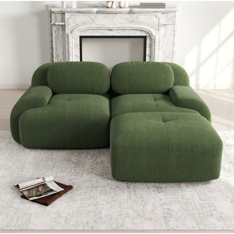 Canapé d’angle modulaire in tessuto a coste verde, senza montaggio, design ergonomico con braccioli curvi (1/5)