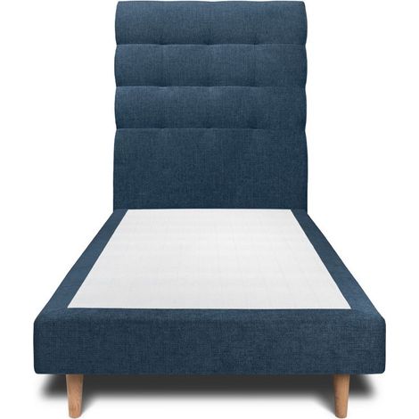Lit 90x190cm avec tête de lit capitonnée tissu et sommier tapissier Bleu - Hauteur totale : 29cm (1/4)