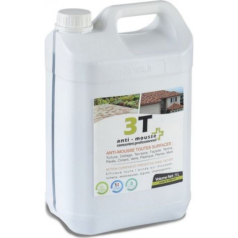 Antimousse concentré 5L à diluer – Traitement toiture, mur et sol – Efficace contre mousse, lichen et moisissures – Application par pulvérisation – 3T