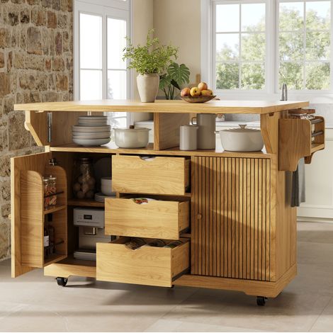 Carrello da cucina con prolunghe, 95 cm, 3 cassetti, ruote bloccabili, marrone DESVIAE (1/5)