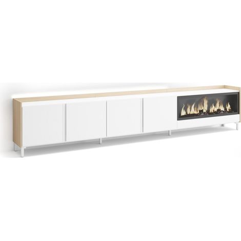 Skraut Home - Meuble TV, Banc Télé, Grand espace de Rangement, 315x35x61cm, Pour les TV jusqu'à 80", Cheminée électrique XXL, Design industriel, LED, Style moderne, Blanc et Chêne Soft (1/5)