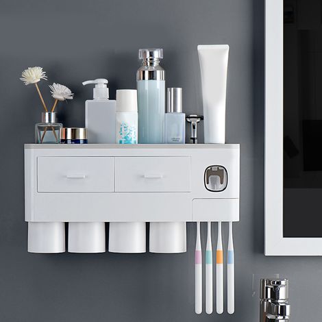 Organizador de cepillos de dientes de pared con 4 vasos magnéticos invertidos y dispensador automático de pasta de dientes, almacenamiento de baño impermeable, gris, instalación sin taladro, PP y ABS (1/5)
