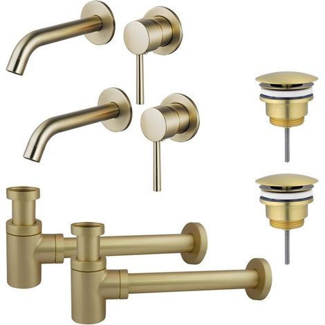 FugaFlow Eccelente Sobrado Slim Kit robinet lavabo - pour double vasque - robinet rehaussé - bonde non-obturable - siphon design bas - Laiton brossé (1/4)