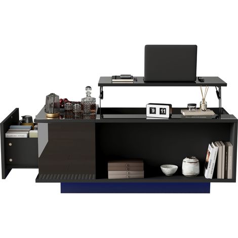 ELVMI Tavolino da salotto alzabile con 1 Cassetto, vano nascosto e ripiano semiaperto LED, Soggiorno, 100×50×40 cm (1/5)