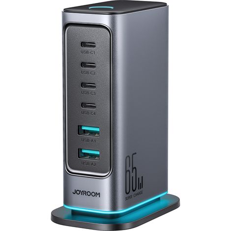 Estación de carga multipuerto GaN de 65 W (UE), 4 puertos USB-C y 2 puertos USB-A, gris oscuro (1/5)