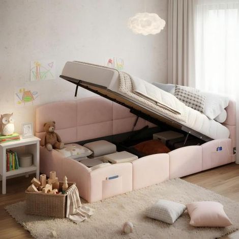 90x190cm Pink Velvet Sofa Bed for Kids with Hydraulic Storage and USB Charging-Single Daybed Without Mattress