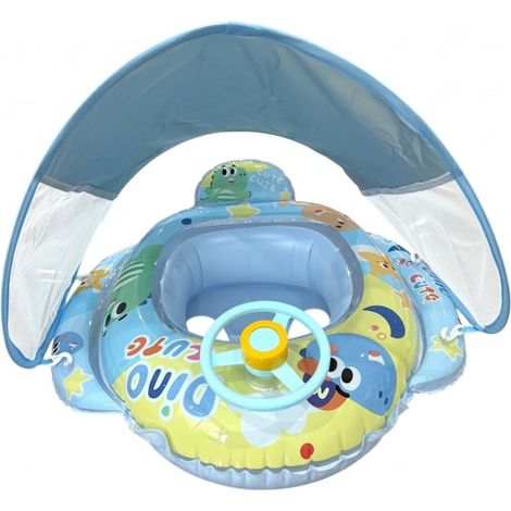 Bouée de Natation Bébé en PVC avec Auvent Anti-Soleil, Flotteur pour Tout-Petit équipé d’un Volant de Jeu et Motifs Dinosaure Dessinés, Anneau Flottant Sécurisé pour Piscine Plage et Loisirs Aquatique (1/5)