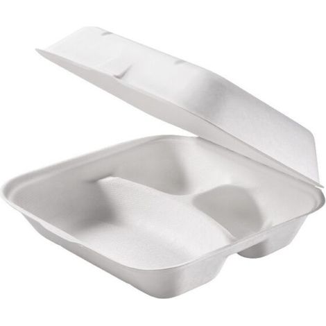 Boîte repas jetable 23,5x19,5x7,5 cm à trois compartiments - 125 pièces - Ecobioshopping