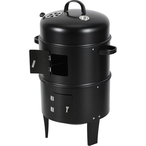 Randaco 3 en 1 Barbecue Fumoir BBQ Charbon de Bois Thermomètre intégré avec Thermomètre intégré, Réglage d'air, Bac à eau, 3 Grilles de Cuisson (1/5)