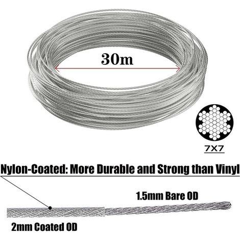 30 m Edelstahl-Aufhängeseil-Set, 2 mm beschichtetes Edelstahlseil mit Spannvorrichtung und Haken, zum Aufhängen von Lichtern, Kletterpflanzen, Wäscheleinen, Pergola-Vorhängen, Geländern. (1/4)