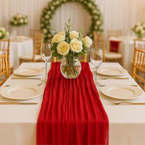 Chemin de table en gaze rouge de 3 m (10 pi) - Style bohème rustique - 3 m (120 po) (1/5)