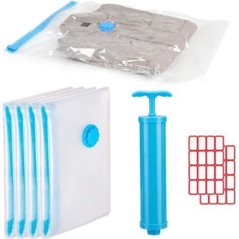 Sacs de Rangement Sous Vide,40 60cm Sacs de Compression Réutilisables, Sac de Voyage Sous Vide, Sacs Sous Vide pour Vêtements,Pompe Sous Vide, Étiquettes Autocollantes, 4 Pièces (1/5)