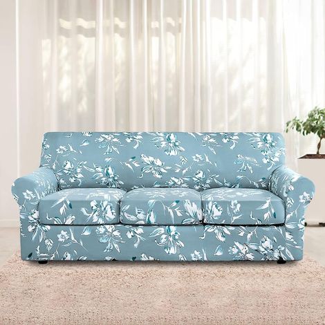 Washable printed stretch sofa cover in spandex for 1/2/3 seater sofas with anti-slip strap for living room, bedroom (light blue, 3 seater) (1/5)