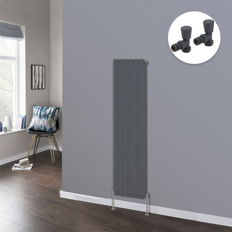 Flat Panel Designer Radiator Bathroom Central Heating Radiators Anthracite with Angled Manual Pair of Valves 1600 x 408mm Vertical Single (1/3)