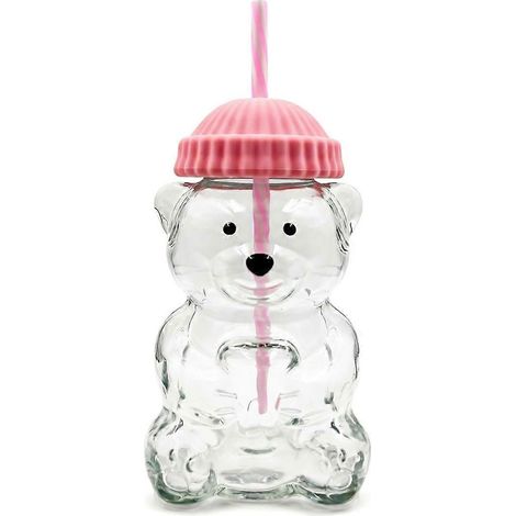 Bären-Glasbecher mit Strohhalm, 500 ml, wiederverwendbar, mit Deckel, ideal für Eiskaffee, Milchtee und Cocktails. (1/5)