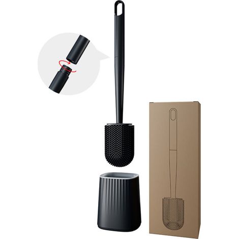Oval silicone toilet brush with quick-drying holder, vertical wall mount, no drilling required (black)