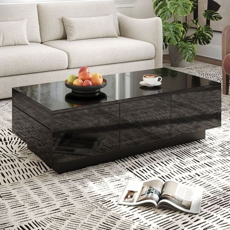 Table basse moderne - Noir haute brillance - Compartiments coulissants - Tiroirs intégrés - 100x31x50 cm (1/5)