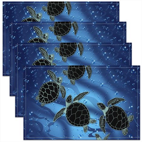 Lot de 4 sets de table 45 W x 30 l - Bleu - Pour salle à manger, patio, cuisine, tortue noire, reptile - Lavables - Tapis de table sous l'eau (1/4)
