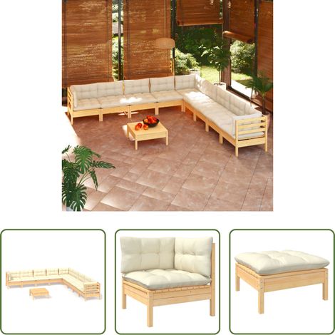 Terrassensofa - 10-tlg. Garten-Lounge-Set mit Creme Kissen Massivholz Kiefer (1/5)