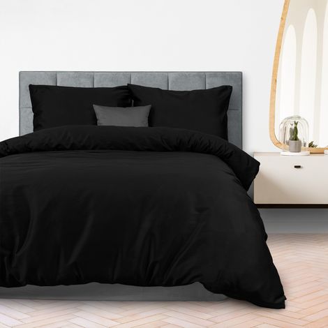 Linge de lit en coton 180x200 cm, tissage satiné naturel, noir lisse (1/5)