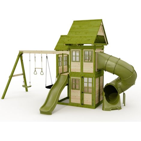 Rebo Wildwood Warren Tower Playhouse with Triple Swing, Wave Slide and Spiral Slide (1/5)