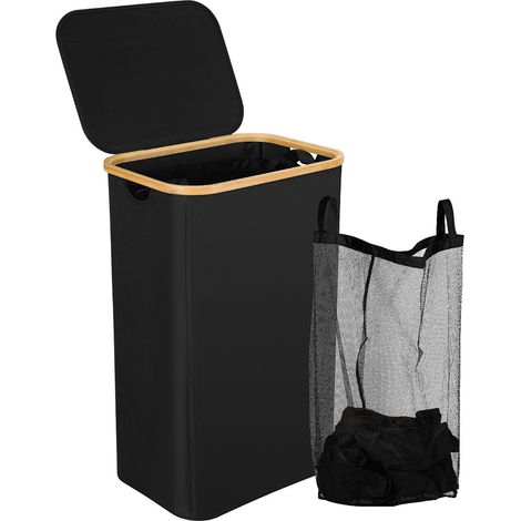 Jopassy Cestino per la biancheria sottile con coperchio, 100L, salvaspazio, fodera in rete rimovibile, tessuto Oxford, manici in bambù, pieghevole,Nero (1/4)