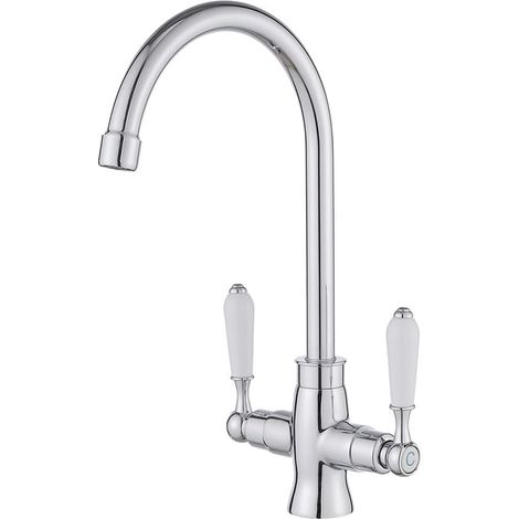 Kitchen Sink Mixer Tap Elegant White Ceramic Dual Lever Monobloc Dual Lever Chrome 360° Swivel Kitchen Taps with UK Standard Fittings (1/5)