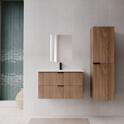 Set mobile bagno 80cm con Colonna contenitore - Frontali ondulati effetto legno - MILO