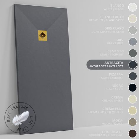 SOULHOME Receveur de Douche -Résine -Gel Coat -Texture Lisse Soie -Antidérapant -Couleur Anthracite - 130x80- Extra plat 3cm. GRILLE DORÉE (1/5)