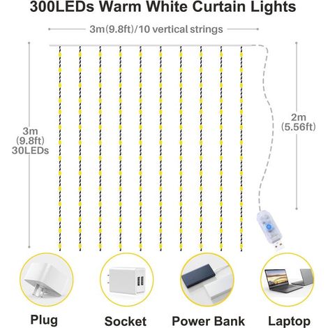 Stringa di luci a LED da 3x3 m con 8 modalità, 300 LED, decorazione impermeabile IP44 (bianco caldo) (1/4)