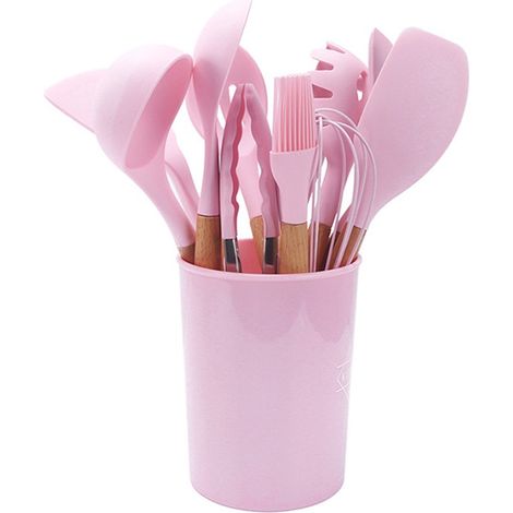 Lot de 11 ustensiles de cuisine en silicone avec manche en bois, cuillère, spatule, pinceau, racloir, pince, rose, rangement dans seau rond (1/5)