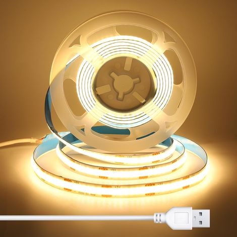 Tira LED COB de 2 metros con cable USB, CRI 92+, 5V, ideal para retroiluminación de TV, iluminación de mesilla y bajo muebles. Tira LED blanca cálida para iluminación de acento, 3000K [Clase energétic (1/5)