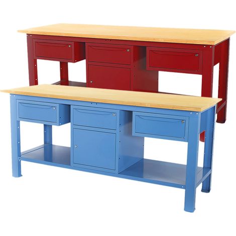 Banco lavoro SOGI 2m con piano in legno + armadio con anta e cassetto + 2 cassetti - blu/rosso, ColoreBlu (1/5)