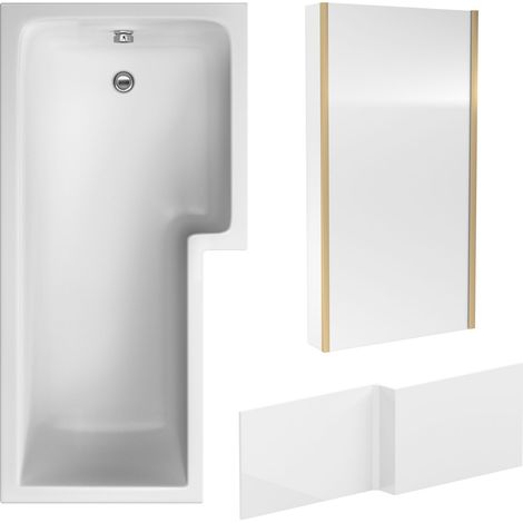 L Shape 1700x850 Shower Bath Set – Front Panel & Brushed Brass Fixed Return Screen, Right Hand (1/4)
