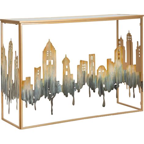 Consola Elda, un Estante, Superficie con Perfil de Ciudad, Estructura de Vidrio, 110x39x81h cm dorado