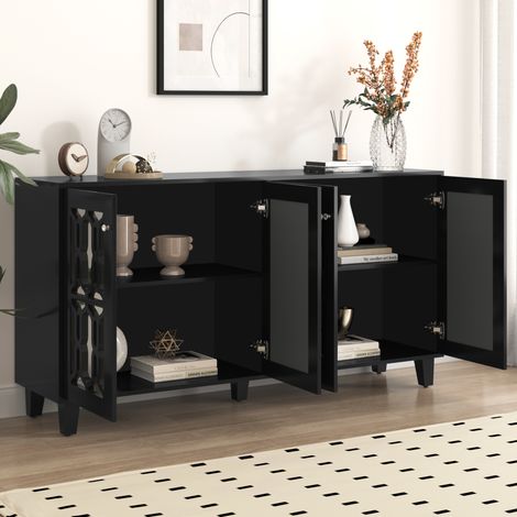Aparador salon, laminado desenfundable, tiradores de cristal, Aparadores pasillo, MDF, negro - 4 puertas, 160x40x84cm (1/5)