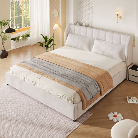Lit adulte 180x200 cm capitonné en velours beige avec sommier à lattes, tête de lit et 2 coussins (1/5)