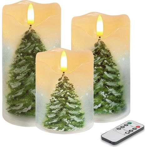 Lot de 3 bougies LED vacillantes avec télécommande et minuterie, à intensité variable, à intensité variable, bougies électriques pour l'automne et Thanksgiving (arbre) (1/5)