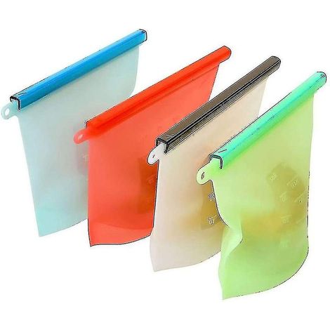 Wiederverwendbare Silikonbeutel zur Aufbewahrung von Lebensmitteln, luftdichter Verschluss, Silikon, Vakuum-Kochbeutel, wiederverwendbar, auslaufsicher, 4er-Set, mehrfarbig. (1/3)