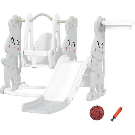 4-in-1 Kinderrutsche mit Schaukel, Klettergerüst und Basketballkorb, grau (1/4)