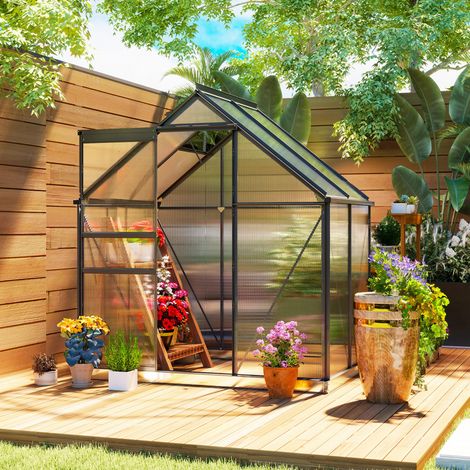 Serre polycarbonate alu Gris porte fenêtre toit articulées 192,5x131x200 cm