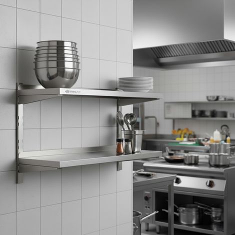 Mahlzeit Edelstahl Wandregal, 80 x 35 cm, 2 Ablagen, Küchenregal Hängeregal Wandregal Wandbord