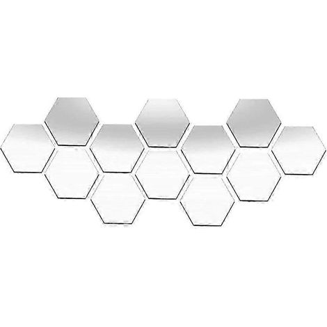 Lot de 12 stickers muraux amovibles en acrylique effet miroir pour la décoration de votre salon ou chambre à coucher (Hexagone central, 1,6 x 1 pouce / 2,8 x 1,6 pouce)-Silver 40x23mm